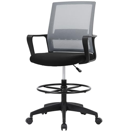 PayLessHere | Drafting Chair | Grey | Tall Office Chair with Adjustable Seat Height & Footrest, Ergonomic Mesh Back, Lumbar Support, 360 Degree Swivel Rolling Wheels | for Workspaces & Home Office - color: Grey