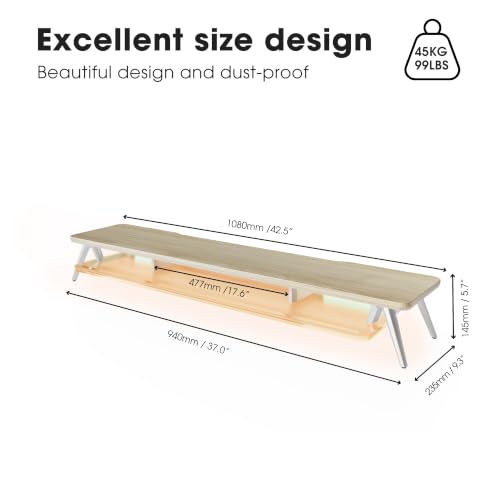 Fenge Dual Monitor Stand with 8-Mode LED Lights and Frosted Shelf, Oak | Sturdy Aluminum Legs, Built-In Phone & Tablet Slot, 2-Tier Storage, 42.5-Inch Desk Shelf for Gaming, Home Office & Streaming - color: Oak