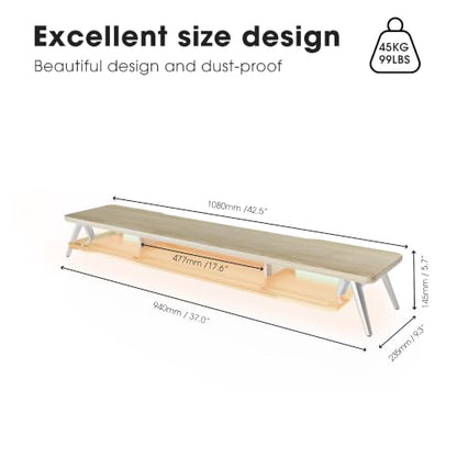 Fenge Dual Monitor Stand with 8-Mode LED Lights and Frosted Shelf, Oak | Sturdy Aluminum Legs, Built-In Phone & Tablet Slot, 2-Tier Storage, 42.5-Inch Desk Shelf for Gaming, Home Office & Streaming - color: Oak