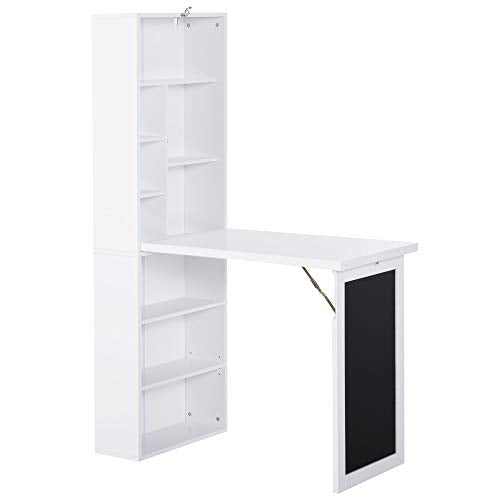 White Wall Mounted Folding Desk, Wood Compact Desk for Small Spaces | Hidden Computer Desk with Bookshelf & Storage, Foldable Murphy/Writing Table with A Blackboard for Bedroom Apartment - color: White.