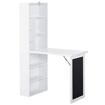 White Wall Mounted Folding Desk, Wood Compact Desk for Small Spaces | Hidden Computer Desk with Bookshelf & Storage, Foldable Murphy/Writing Table with A Blackboard for Bedroom Apartment - color: White.
