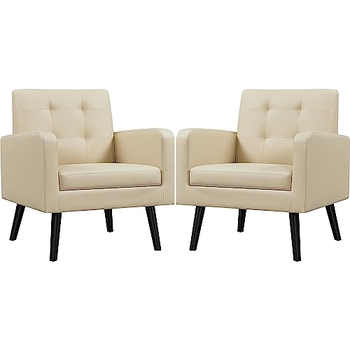 Yaheetech Mid Century Accent Chairs Set of 2 Living Room Chairs Retro Beige | Faux Leather Upholstered Sillones Para Sala, Modern Reading Nook Chairs, Button Tufted Back, Rubberwood Legs, Bedroom Office - color: Beige, size: set of 2