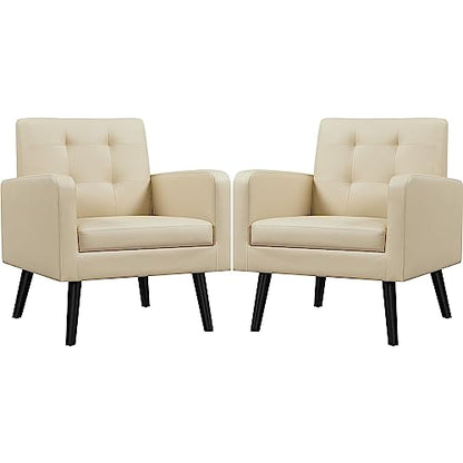 Yaheetech Mid Century Accent Chairs Set of 2 Living Room Chairs Retro Beige | Faux Leather Upholstered Sillones Para Sala, Modern Reading Nook Chairs, Button Tufted Back, Rubberwood Legs, Bedroom Office - color: Beige, size: set of 2