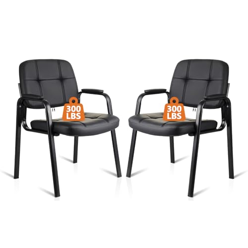 CLATINA Waiting Room Guest Chair, Leather Stationary Office Reception Chairs No Wheel, Comfy Padded Arms, for Conference Room Lobby Home Computer Desk Bedroom Elderly, Black 2 Pack - color: Black, size: 2 Pack