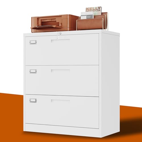 BYNSOE Lateral File Cabinet 3 Drawer,Metal Storage File Cabinet with Lock,Steel Lateral File Cabinet for Legal/Letter A4 Size,Wide File Cabinet for Office Home,Assembly Required - color: White, size: 3 Drawers