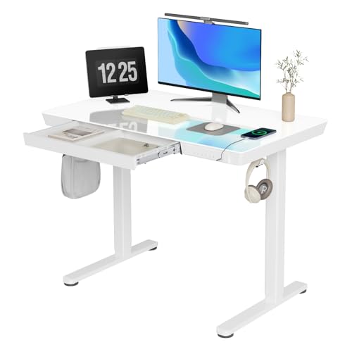 Claiks Glass Standing Desk with Drawers & USB Ports 40x24 Inch, White - color: Super White Glass, size: 40 inch