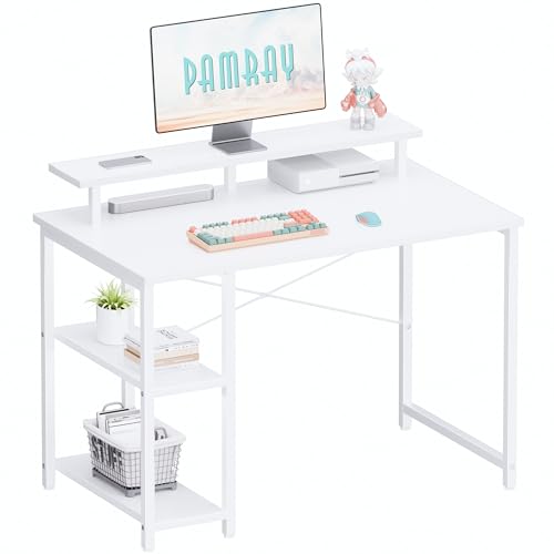 Pamray 33.5 Inch Small Computer Desk with Monitor Stand and Shelves | Sturdy, Space-Saving, Easy Assemblely, Suitable for Bedroom, Office, Apartment and Dorm, Used for Writing and Studying - color: White