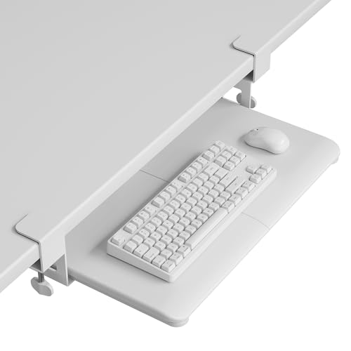 BONTEC Under Desk Keyboard Tray, Pull-Out Keyboard & Mouse Platform | C-Clamp Mount, Space-Saving Ergonomic Slide-Out Drawer, 31.3 in Including Clamps, 20 x 11.8 in Tray, White - color: White, size: 20" x 11.8"