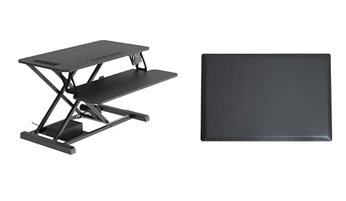 Rocelco 37.4" Electric Standing Desk Converter with Anti-Fatigue Floor Mat - AC USB Charger - Motorized Adjustable Sit Stand Up Computer Workstation Riser - Large Keyboard Tray - Black (R EDRB-MAFM) - color: Black, size: 37.4", style: Riser + Floor Mat