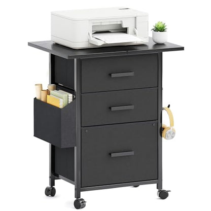Mexin 3 Drawer File Cabinet with 22'' Extended Desktop, Mobile Filing Cabinet, Printer Stand, Rolling Printer Stand with Side Bag, Fabric Drawer, Fits A4 Size, Home Office, Black - color: Black