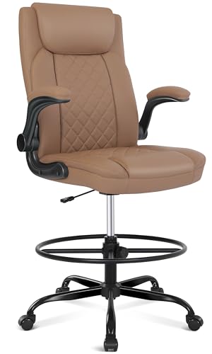 Misolant Drafting Chair, Tall Office Chair for Standing Desk, Standing Chair with Adjustable Height and Flip-up Armrest, Leather Drafting Chair, High Office Chair for Counter Height Desk - color: Brown