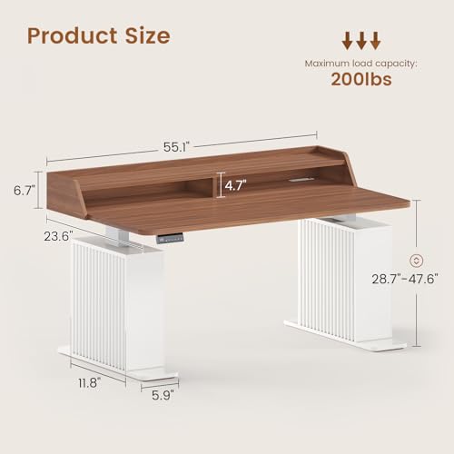 SEDETA Standing Desk with Storage, 55" Fluted Stand Up Desk with Power Outlets & LED Lights, Height Adjustable Table with Monitor Shelf for Home Office, Gaming, Brown + White - color: Brown + White