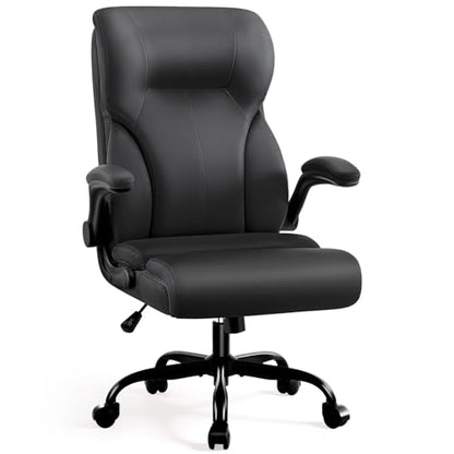 Executive Office Chair,High Back Ergonomic Comfy Desk Chair with Padded Flip-up Armrests and Wheels,PU Leather Heavy Duty Computer Swivel Rolling Task Chair for Home Office,Adults,Black - color: Black