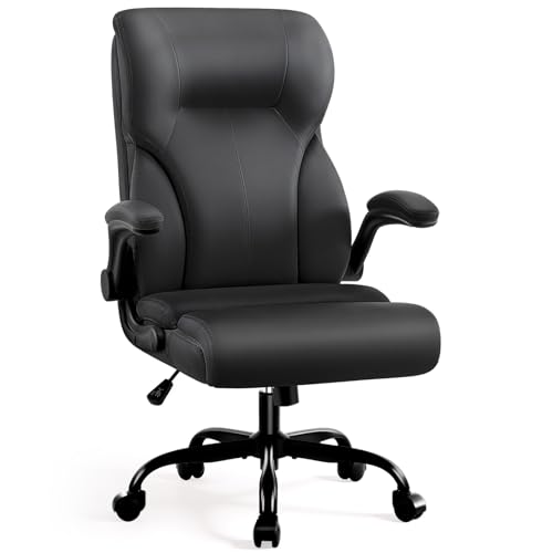 Executive Office Chair,High Back Ergonomic Comfy Desk Chair with Padded Flip-up Armrests and Wheels,PU Leather Heavy Duty Computer Swivel Rolling Task Chair for Home Office,Adults,Black - color: Black