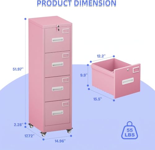 METAN 4-Drawer Pink Metal File Cabinet with Lock and Wheels | 17.7"D x 15"W x 54"H vertical cabinet with 4 full-extension drawers for letter/legal folders; assembly required - color: Pink, size: 4 Drawers-54"H