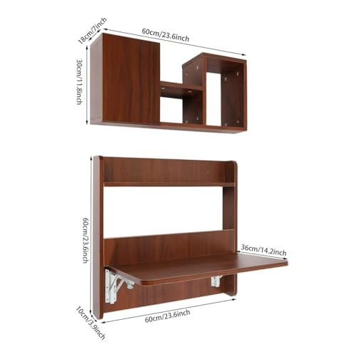 Floating Desk, 36’’H Wall Mounted Desk, Solid Wood Fold Down Laptop Desk with Foldable Tabletop, Folding Table Workstation with Storage Shelves&Door(Walnut)