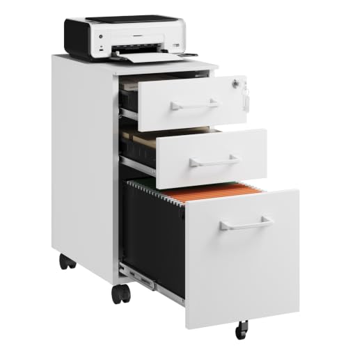 Letaya 3 Drawer Mobile File Cabinet with Lock,Under Desk Metal Filing Cabinets for Home Office Organizer,Small Rolling Printer Stand with Wheels,for Letters/Legal/A4(Assembly Required) (White) - color: White, size: 18"D x 12"W x 22"H