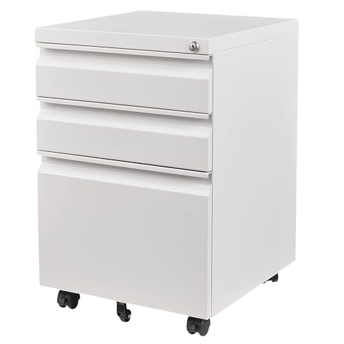 3 Drawer File Cabinet with Lock,Under Desk File Cabinet with Wheels,White Rolling Filing Cabinets,Three Drawer Metal Filing Cabinet for Home Office,Fit A4/Letter/Legal File,- Assembly Required - color: White, size: 24.41"H x 14.6"W x 17.32"D-B