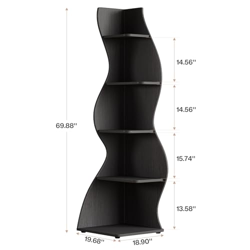 Tribesigns Wavy Corner Shelf, Modern 5-Tier Bookshelf Bookcase with Curvy Shape, Unique Plant Stand Display Rack for Living Room Small Space (Black) - color: Black