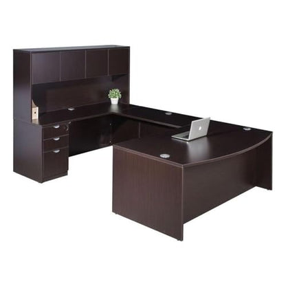 Scranton & Co 71" U-Shaped Curved Bow Desk Suite, Mocha Finish, Includes Hutch and File Storage Pedestal, Scratch-Resistant Laminate, Lockable Drawers, Modular Office Desk for Home or Workspace Use