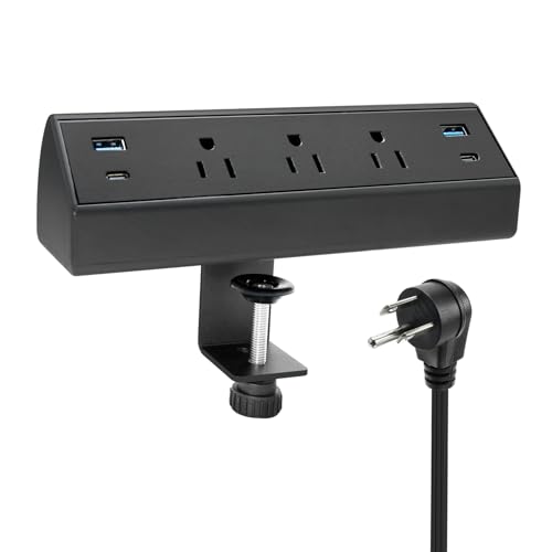 Fast Charge USB C Desk Clamp Power Strip 40W, Desktop Edge Mount 2 PD 20W USB-C Ports&2 QC 18W USB A Ports 3 Outlets Flat Plug for Home Office School Hotel ETL (Black) - color: Black