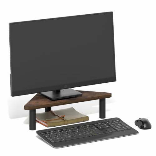 Furinno Turn-N-Tube Monitor Stand Riser, 19.6" Wide Triangle Corner Monitor Riser, Laptop Stand for Desk, Office Desk Accessories, Desktop Organizers and Accessories, Toolless Assembly, Amber Pine - color: Amber Pine/Black, size: Triangle
