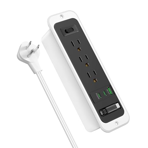 Recessed Power Strip with Retractable USB C Cable,2 PD 20W USB C,Flush Mount Countertop Drawer Outlet, Furniture Hidden Outlet for Side Table,End Table,3 Outlets (Black and White, 6FT-20W) - color: Black and white, size: 6FT-20W USB