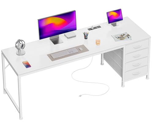 63 Inch Computer Office Desk with Power Outelts and USB-C Port, Reversible Gaming Desk with 4 Fabric Drawers, Work Study Desk Work from Home, White - color: White, size: 63 inch