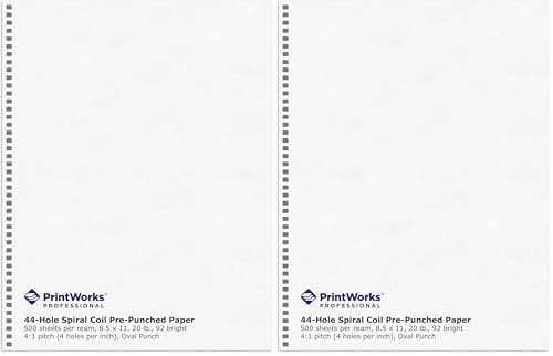 PrintWorks Professional Prepunched Paper, 8.5 x 11, 20 lb, 44-Oval Hole Spiral Coil (4:1 Pitch) Binding Paper, 500 Sheets, White (04145) (Pack of 2) - size: 20 lb (Pack of 2), style: Spiral, 44-Hole