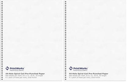 PrintWorks Professional Prepunched Paper, 8.5 x 11, 20 lb, 44-Oval Hole Spiral Coil (4:1 Pitch) Binding Paper, 500 Sheets, White (04145) (Pack of 2) - size: 20 lb (Pack of 2), style: Spiral, 44-Hole
