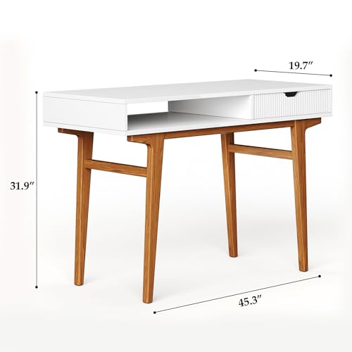 White Computer Desk with Drawers - 45 inch Minimalist Small Solid Wood Mid-Century Modern Office Desk for Home - Boho Style Writing Table with Open Storage,Light Wooden Desk Workspace
