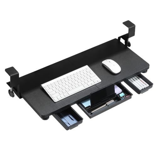 Keyboard Tray Under Desk with Drawer,26.77" X 11.81" Keyboard Tray Large Size with C Clamp-on Mount, Easy to Install, Save Space for Office Desk (Black) - color: Black