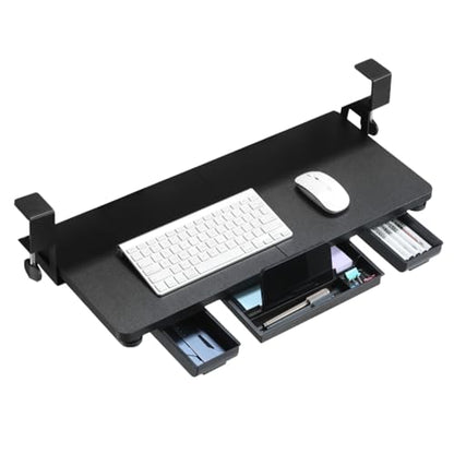 Keyboard Tray Under Desk with Drawer,26.77" X 11.81" Keyboard Tray Large Size with C Clamp-on Mount, Easy to Install, Save Space for Office Desk (Black) - color: Black