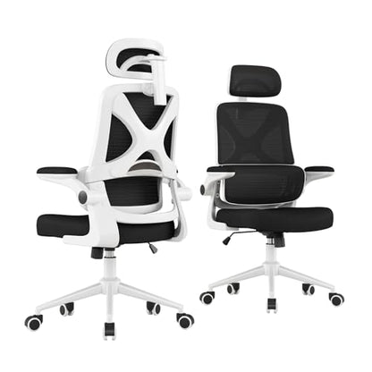 Ergonomic Office Chair - Desk Chair with Adjustable Headrest Lumbar Support Computer Chair - Mesh Comfy Chair with Flip-up Armrests - Gaming Chairs for Adults Home Office 330 LBS (White+Black) - color: White+black