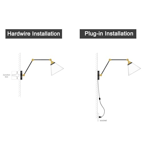 LOG BARN Swing Arm Wall Sconce Plug-in or Hardwire, Adjustable Black Antique Brass Wall Lamp with Clear Glass Shade, Reading Light for Bedroom, Living Room, Office