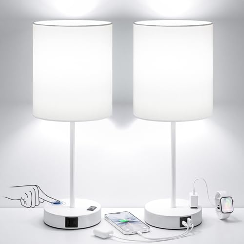 17.6" White Touch Lamps for Bedroom Set of 2 - Dimmable, USB C+A, AC Outlet | Large 17.6" Tall Lamp, 3-Way Dimming, 5000K Daylight Bulbs, White Lampshade White Base, for Living Room, Boys, Men, Girls - color: White