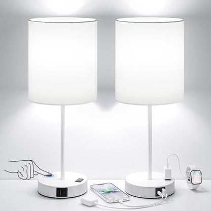17.6" White Touch Lamps for Bedroom Set of 2 - Dimmable, USB C+A, AC Outlet | Large 17.6" Tall Lamp, 3-Way Dimming, 5000K Daylight Bulbs, White Lampshade White Base, for Living Room, Boys, Men, Girls - color: White