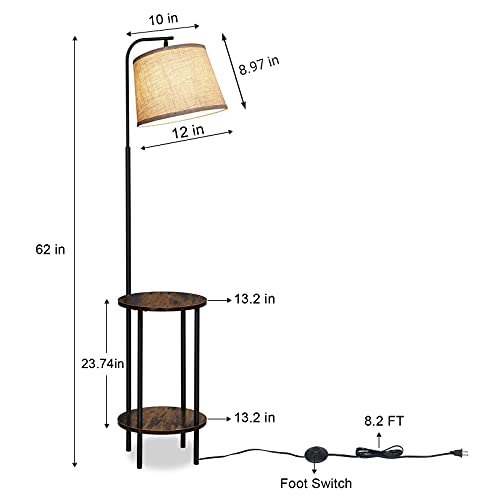 DEWENWILS Floor Lamp with Table, Wooden Nightstand, Farmhouse | Linen Lampshade, 13.18", ON/OFF Foot Switch, 2-in-1 Design, Sturdy Shelf for Living Room, Bedroom, Office Decor