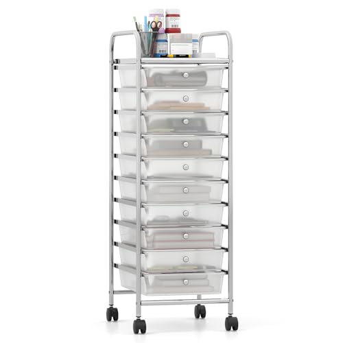 Giantex Rolling Storage Cart with 10 Drawers, Utility Cart with Tabletop, Drawer Organizer with Wheels for Craft Art Paper Tool, Mobile Organization & Sorting for Office Home School School Supplies - color: Clear White, size: 10 Drawer-13"x15"x18"