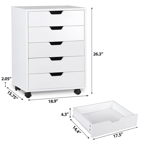 Nouva 5-Drawer File Cabinet Chest - Vertical Mobile Filing Cabinet w/Wheels,Under Beside Desk Chest Storage Printer Stand for Home Office,White - color: White