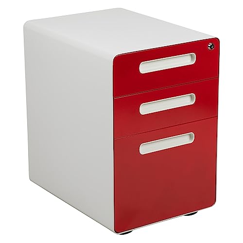 Flash Furniture Wren Ergonomic 3-Drawer Mobile Locking Filing Cabinet with Anti-Tilt Mechanism & Letter/Legal Drawer, White with Red Faceplate - color: White and Red, style: Ergonomic