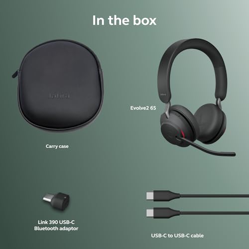 Jabra Evolve2 65 Bluetooth Wireless Headset with Mic for Calls and Music, Dual-Ear Headphones with USB-C Adapter, Up to 37 Hours Battery, Noise-Cancelling, Works with Online Meeting Apps, Black - size: USB-C Dongle, style: All Platforms