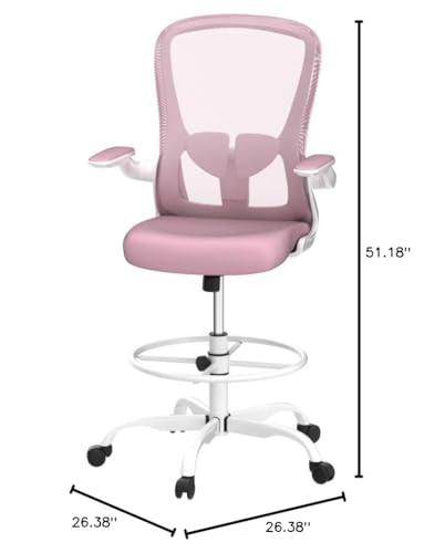 Drafting Chair, Tall Office Chair with Flip-up Armrests Executive Ergonomic Computer Standing Desk Chair, Office Drafting Chair with Lumbar Support and Adjustable Footrest Ring - color: Pink&white