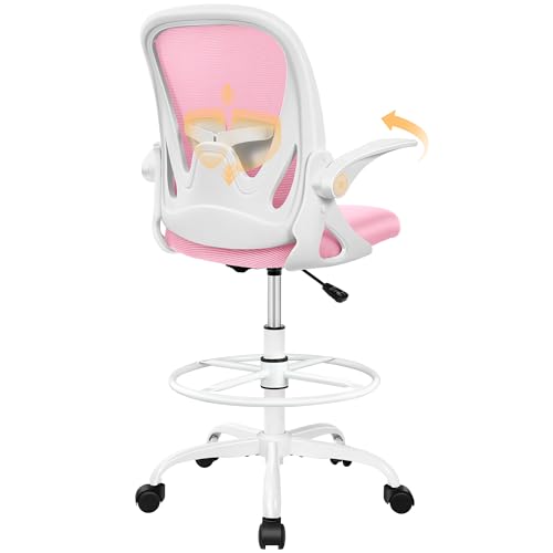 Primy Drafting Chair Tall Office Chair with Flip-up Armrests Executive Ergonomic Computer Standing Desk Chair with Lumbar Support and Adjustable Footrest Ring (Pink) - color: Pink, size: 934-Z