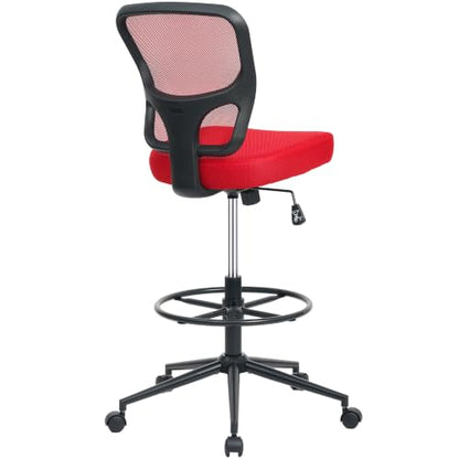 Armless Office Chair, Tall Ergonomic Chair for Standing Desk, Adjustable Height Mesh Computer Chair with Foot Ring & Wheels, Rolling Drafting Chair for Home Office - color: Red