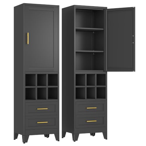 Metal Tall Narrow Storage Cabinet, Freestanding Floor Cabinet with Drawers and Adjustable Shelves, Pantry Storage Cabinet for Bathroom, Living Room, Entryway and Kitchen - color: Black, size: 67H-six grids