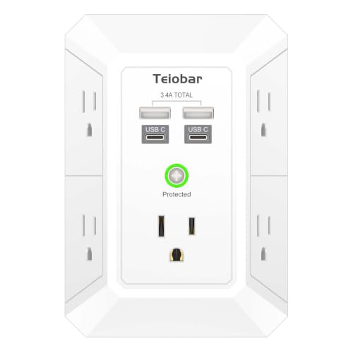 Wall Charger, Surge Protector, Teiobar 5 Outlet Extender with 4 USB Charging Ports(2USB-C), 3-Sided 1680J Power Strip Multi Plug Adapter Spaced for Home Travel Office, White - color: White, size: 5-Outlets/Non-Night Light