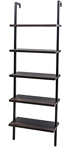 5-Shelf Modern Ladder Shelf Bookcase, Open Wall Mount Ladder Bookshelf with Metal Frame,Industrial Bookshelf and Bookcase,Wall Mounted Bookcase Wood Storage Shelf Organizer for Home Office,Dark Walnut - color: Dark Walnut&black