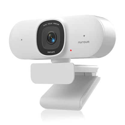 NUROUM V15AF 2K Webcam for PC, 1080p 60FPS AutoFocus Web Camera with Microphone, Privacy Cover and Mute, 75°FOV Dual Microphone USB FHD Computer Camera, Plug and Play for Zoom/Skype/Teams, White - style: V15AF-White