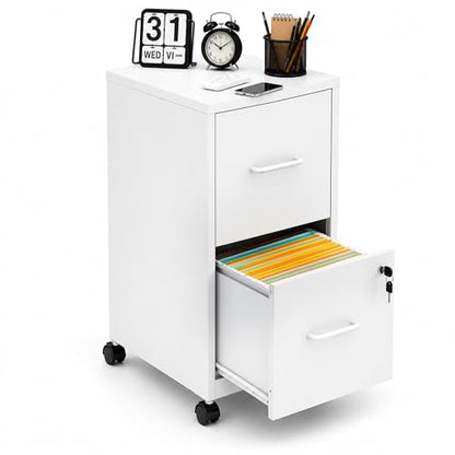 SAWJEC 2 Drawer Metal File Cabinet with Lock, White Mobile Filing Cabinet | 17.7"D x 15"W x 26.8"H, White Mobile Locking File Cabinet, Assembly Required, Fits Letter Hanging Files - color: White, size: 17.7"D x 15"W x 26.8"H